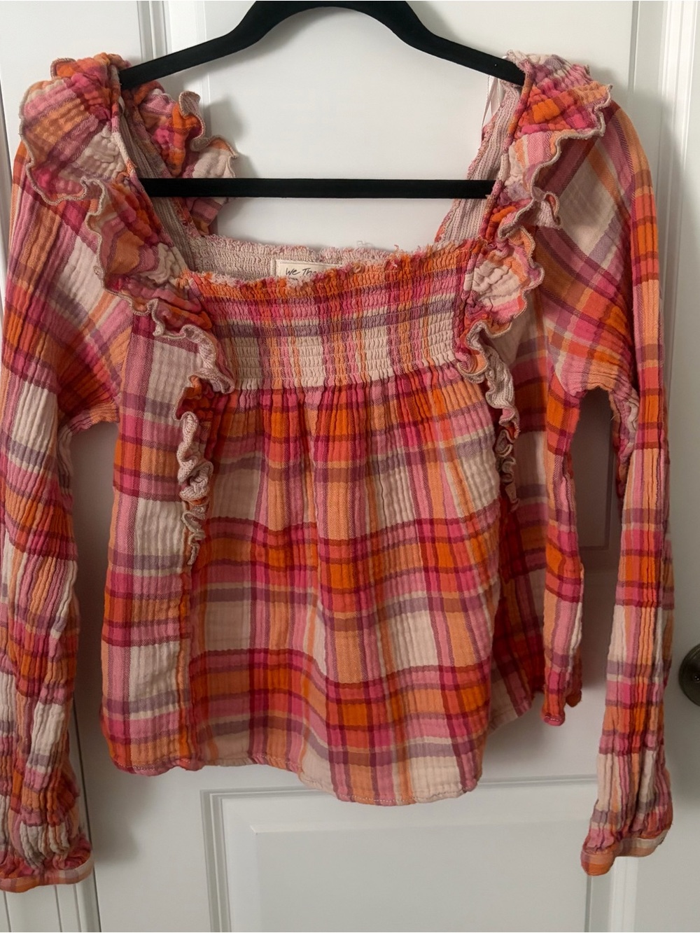 Free People We The Free Siena Plaid Smocked Ruffle Top - Orange/Pink